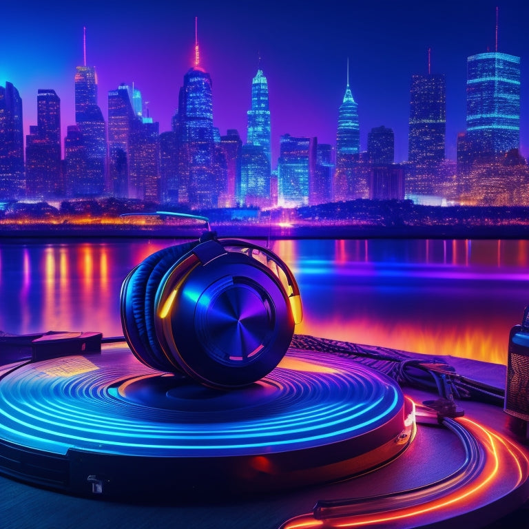 A vibrant, abstract illustration featuring swirling sound waves, vinyl records, and headphones, set against a neon-lit cityscape at dusk, with spotlights shining down on a central, glowing music note.