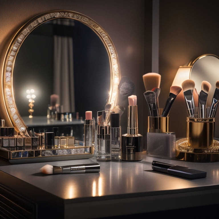 A glamorous, well-lit vanity with a mirror, surrounded by various makeup products and brushes, featuring a dancer's reflection with a flawless, stage-ready makeup look.