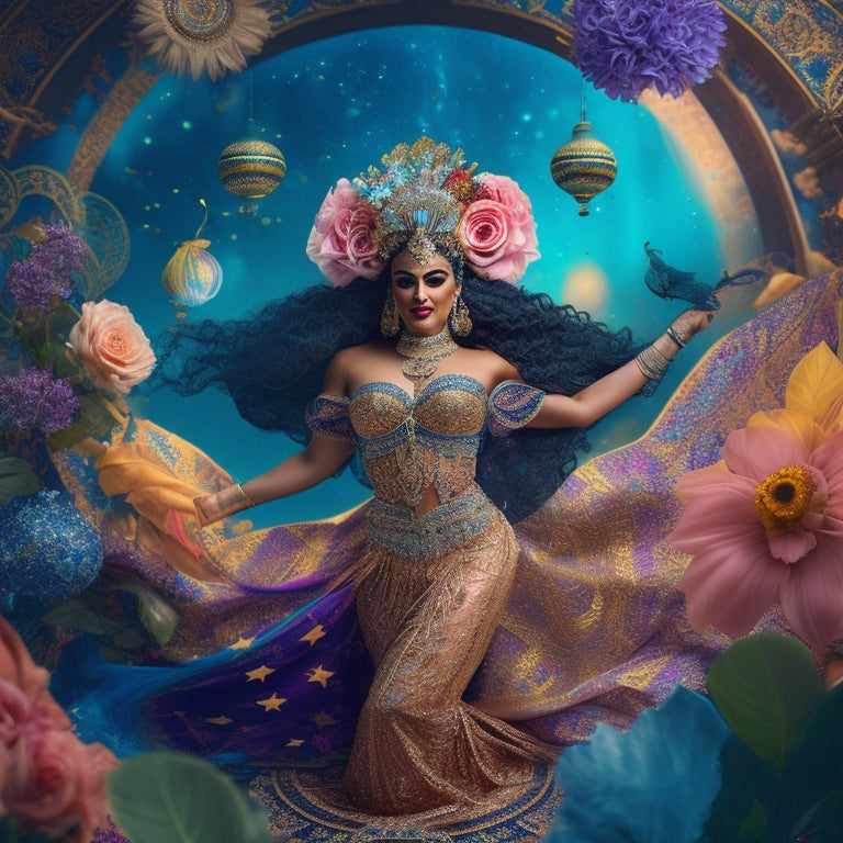 A whimsical illustration featuring a belly dancer surrounded by swirling fabrics and intricate patterns, wearing a VR headset, with virtual flowers and stars orbiting her body.
