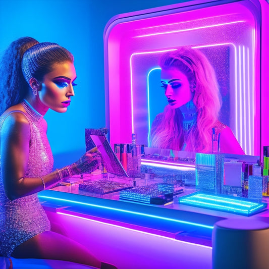 A futuristic makeup station with neon lights, surrounded by digital tablets, laptops, and smartphones, featuring a dancer's reflection with vibrant, glowing makeup looks on a mirror.