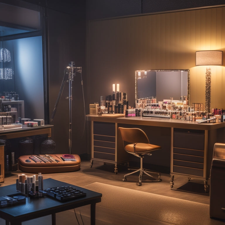 A dimly lit, glamorous dance studio with a spotlight shining down on a cluttered makeup station, surrounded by scattered cosmetics, brushes, and mirrors, with a sleek laptop and smartphone nearby.