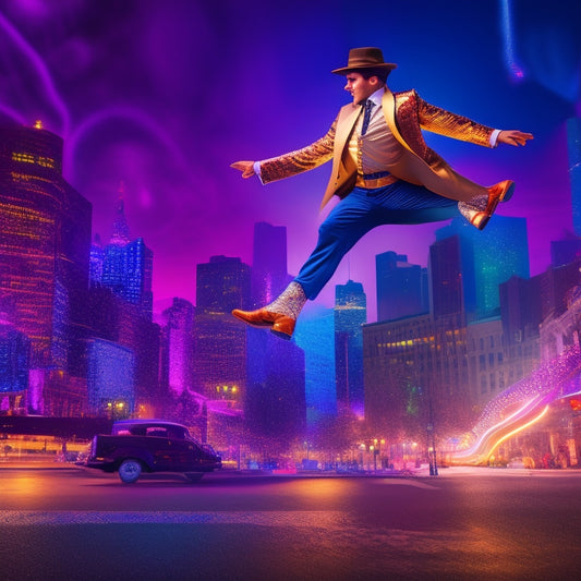 A dynamic illustration of a tap dancer in mid-air, surrounded by swirling musical notes and shimmering lights, with a cityscape or dance studio background, capturing the energy and joy of tap dance.