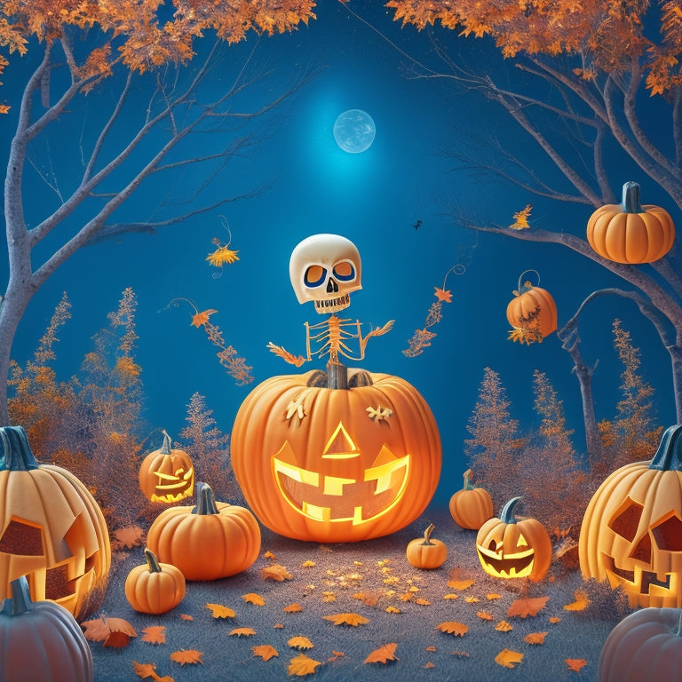 A whimsical illustration featuring a smiling skeleton surrounded by swirling autumn leaves, jack-o'-lanterns, and spider webs, set against a warm, moonlit orange background.