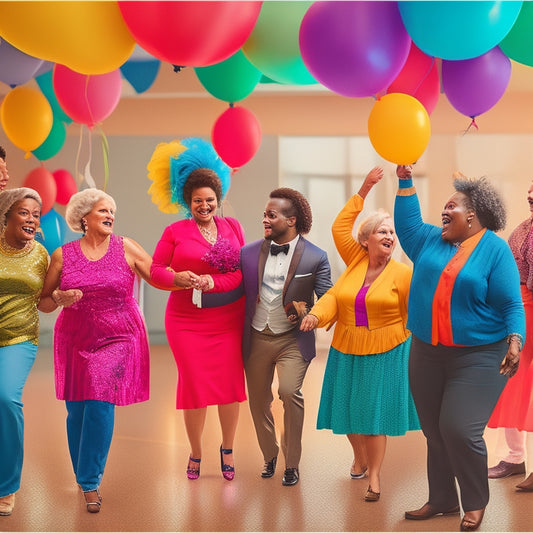 A whimsical illustration of a diverse group of people of varying ages, sizes, and abilities, joyfully swinging dance together in a vibrant, sunlit ballroom with colorful balloons and streamers.