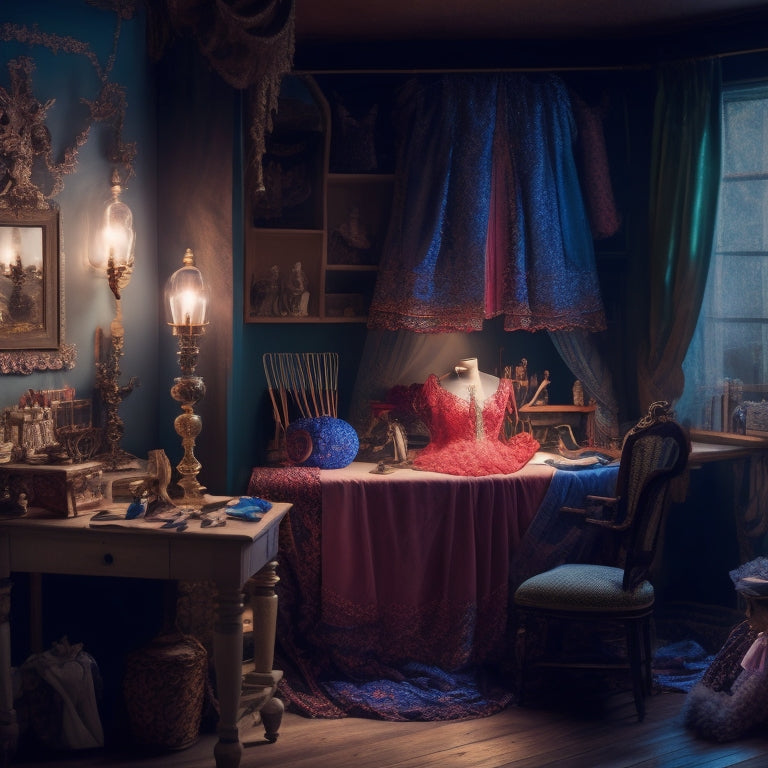 A whimsical, dreamy illustration of a sewing room at dusk, with a majestic ball gown on a mannequin, surrounded by scattered fabrics, threads, and antique sewing tools, illuminated by soft, warm candlelight.