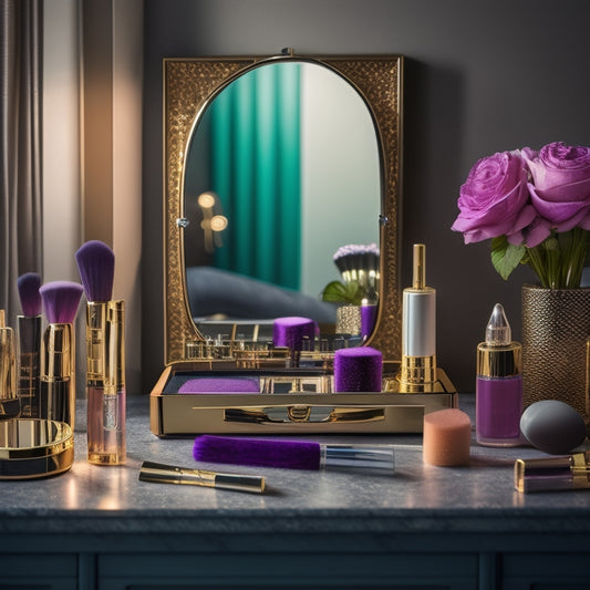 A clutter-free, well-lit vanity with a neatly arranged makeup kit, featuring a palette of vibrant eyeshadows, a variety of brushes, and a few strategically placed mirrors.