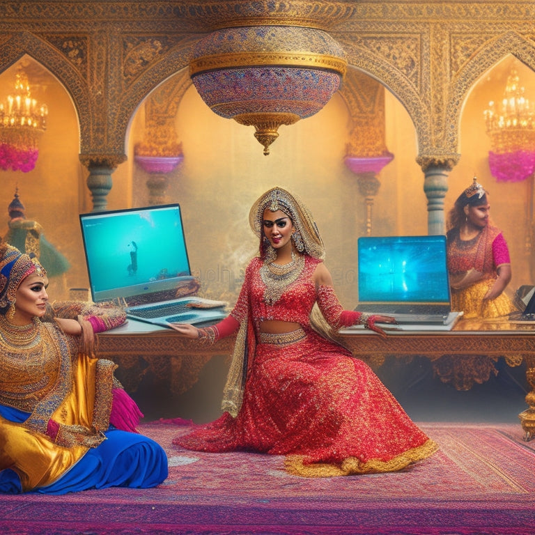 A vibrant illustration of a lavish, ornate Middle Eastern-inspired background, adorned with intricate patterns and golden accents, featuring a centered, whirling female dancer surrounded by laptops and devices.