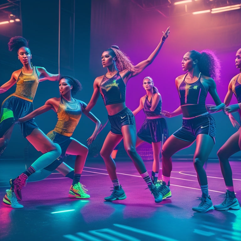 A dynamic, high-energy image featuring a group of diverse, athletic dancers in sleek, modern outfits, posing in a stylized, urban basketball court setting with bold, neon-lit accents.