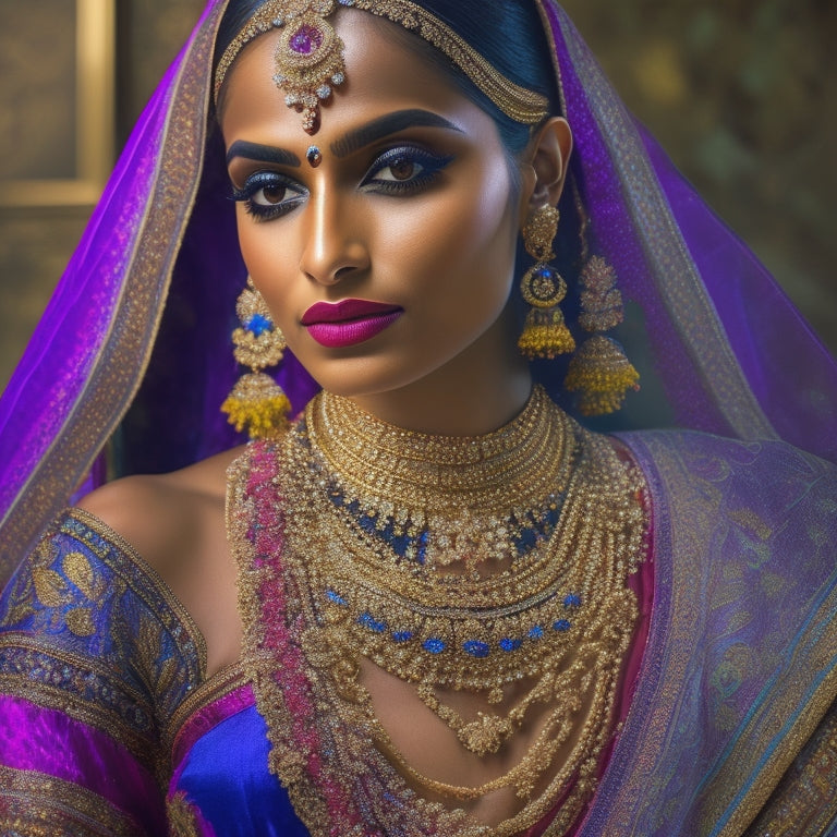 Vibrant colors and intricate patterns adorn a beautiful Indian dancer, adorned with ornate jewelry and flowing silk fabrics, set against a rich, velvety black background, evoking elegance and mystique.