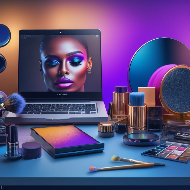 A stylized illustration of a dance makeup artist's workstation, with a laptop and online course tabs open in the background, surrounded by makeup brushes, colorful eyeshadows, and a mirror reflecting a dancer's face.