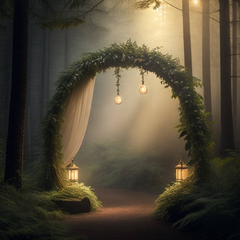 Soft, golden lighting illuminates a misty, rainy forest backdrop, where a delicate, lace-draped wedding arch stands, adorned with lush greenery, and a few scattered petals, beneath a whimsical, crescent moon.