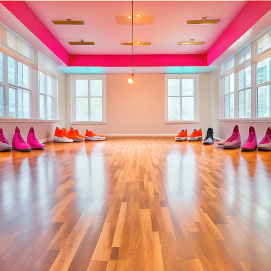 A vibrant dance studio with polished wooden floors, showcasing a variety of sleek, colorful dance practice shoes arranged neatly. Soft lighting highlights cushioned insoles and flexible soles, emphasizing comfort and support for dancers.