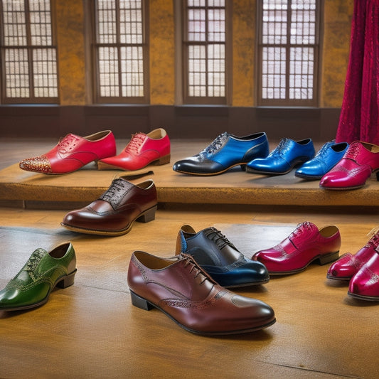A vibrant display of various men's Latin dance shoes arranged on a polished wooden floor, showcasing sleek designs in rich colors like deep red, black, and tan, with intricate stitching and soft leather textures.