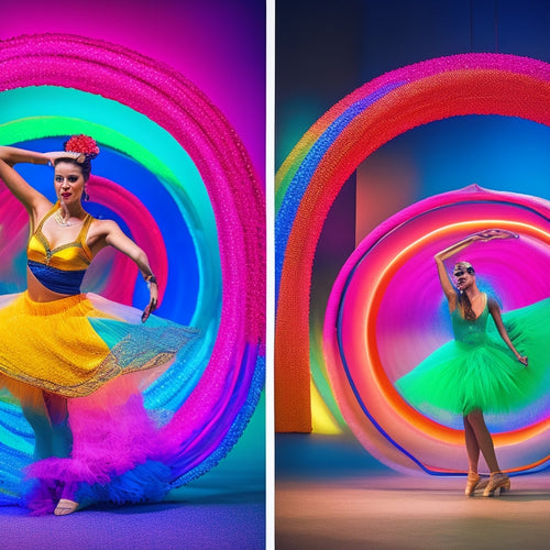 A vibrant dance studio filled with colorful silk ribbons, spinning hula hoops, shimmering poi, and elegant fans, all surrounded by dynamic dancers in mid-performance, showcasing the energy and artistry of choreography.