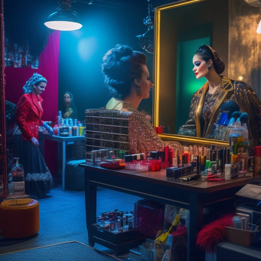 A dimly lit theater backstage area with a cluttered makeup station, brushes scattered, and various colorful products open, surrounded by mirrors reflecting a model's dramatic, partially transformed face.
