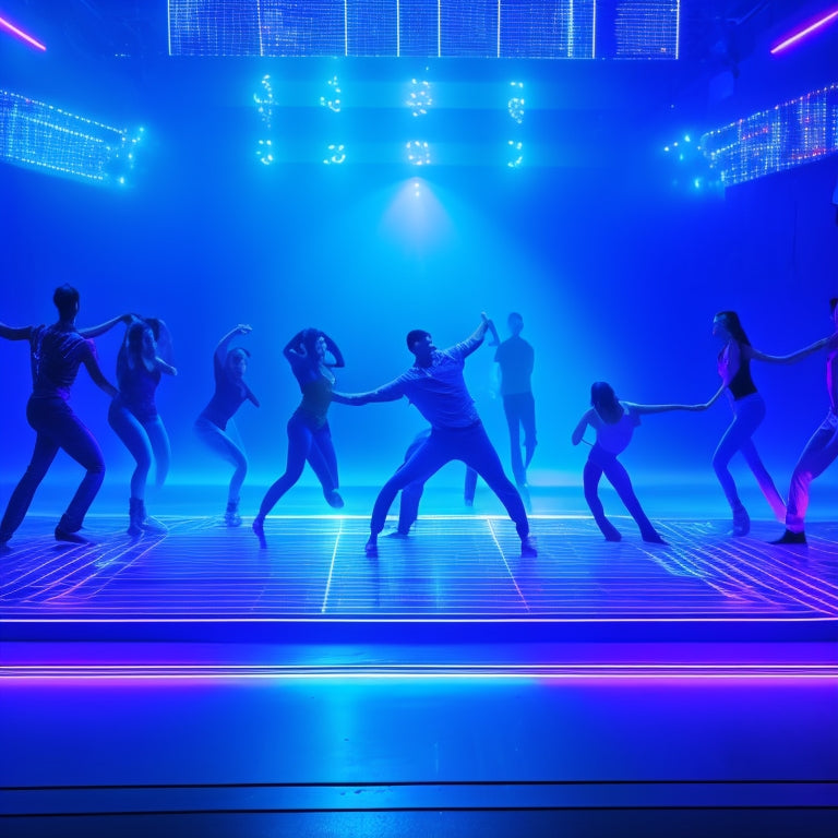 A futuristic, neon-lit dance studio with holographic screens displaying dance moves, surrounded by students in various dance poses, with a subtle glow of coding and circuits in the background.