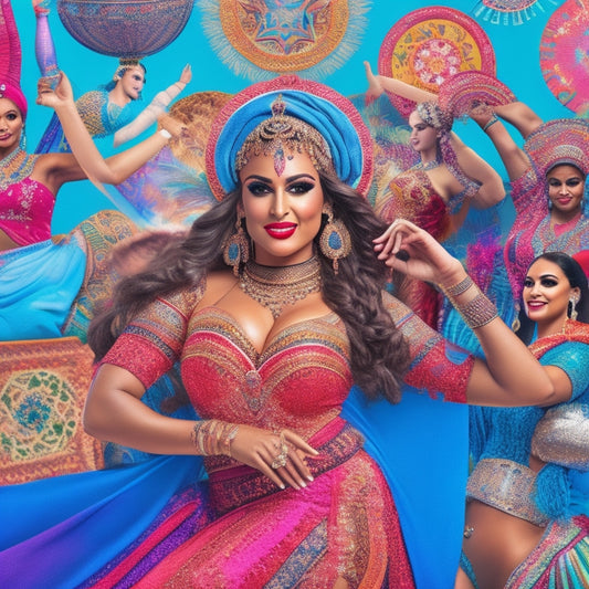 A vibrant illustration featuring a belly dancer in the center, surrounded by various social media logos and icons, with colorful fabrics and Middle Eastern-inspired patterns in the background.