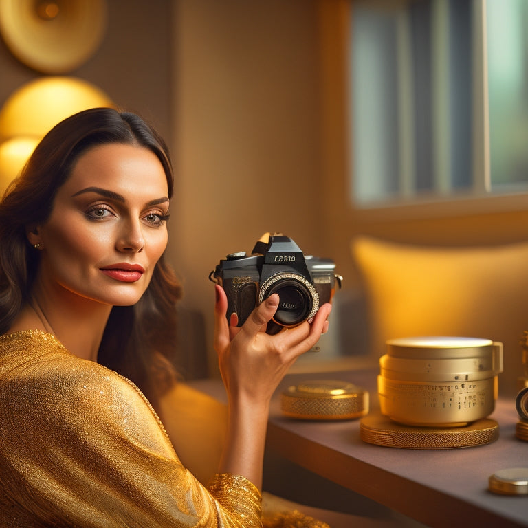 A warm, golden-lit studio with a beautiful, elegantly dressed woman, surrounded by cameras, lenses, and photography equipment, with a subtle, soft focus on her hands holding a camera.