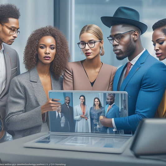 A stylized illustration of a diverse group of young professionals gathered around a large tablet, surrounded by beauty and fashion tools, with virtual tutorial screens reflecting on their faces.