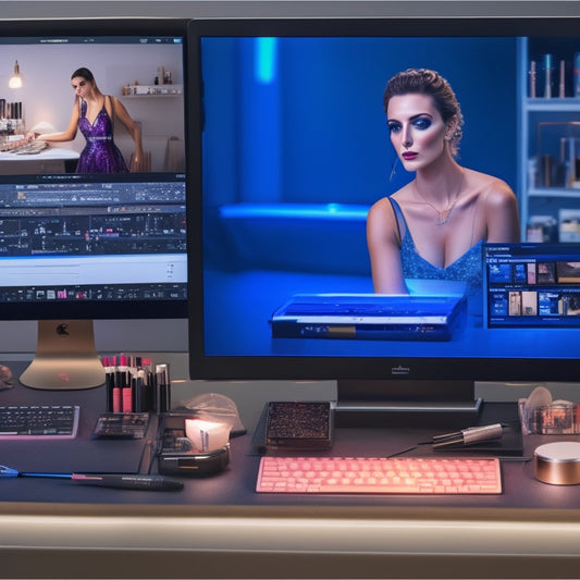 A Split-screen image featuring a makeup artist's workstation with brushes, palettes, and mirrors on one side, and a laptop with multiple tabs open on various online resources on the other, with a subtle dance-inspired background.