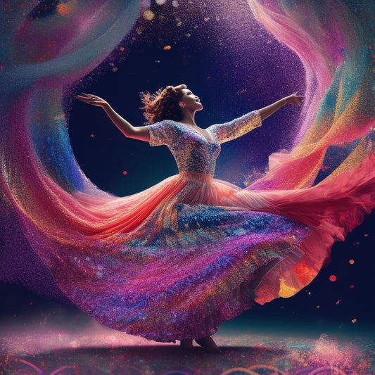 A whimsical illustration of a dancer's silhouette amidst swirling patterns of colorful scarves, flowers, and musical notes, surrounded by playful splashes of paint and shimmering starlight.