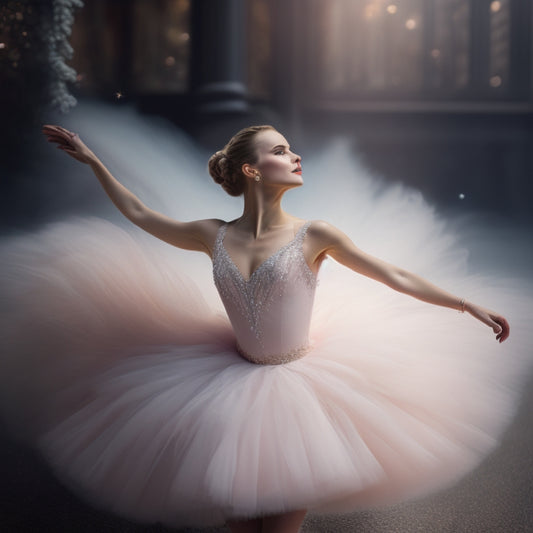 A delicate, ethereal illustration of a ballerina in a flowing, pale pink tutu, surrounded by soft, whispy feathers and subtle, shimmering stars, set against a creamy, dreamy background.