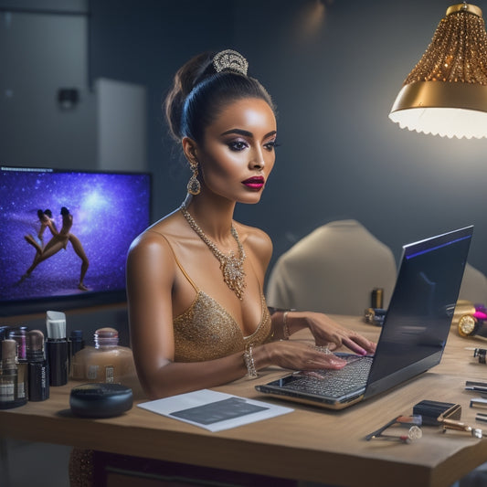 A glamorous, spotlight-lit dancer in a studio, surrounded by makeup brushes, mirrors, and a laptop with a virtual classroom on the screen, wearing a certificate on a necklace.