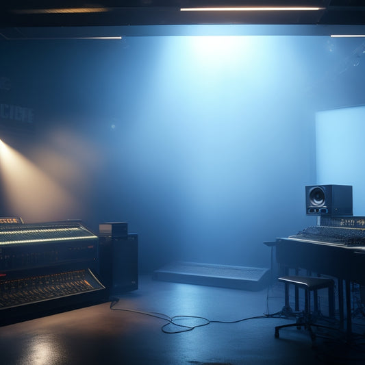 A darkened recording studio with a single, gleaming mixing console illuminated by soft, pulsing lights, surrounded by sound waves visualized as swirling, ethereal mist.