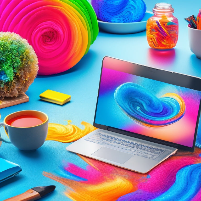 A vibrant illustration featuring a painter's palette with a smartphone and laptop on top, surrounded by swirling digital waves, colorful brushstrokes, and subtle social media icons in the background.