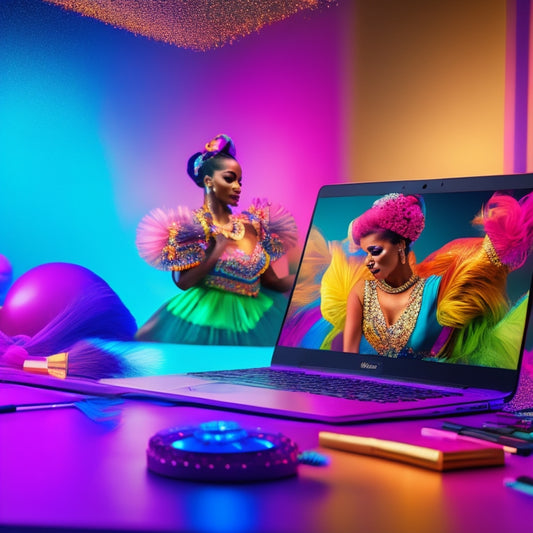 A vibrant, colorful illustration of a laptop open to a virtual dance studio, surrounded by makeup brushes, mirrors, and dance shoes, with a blurred background of dancers in various poses.