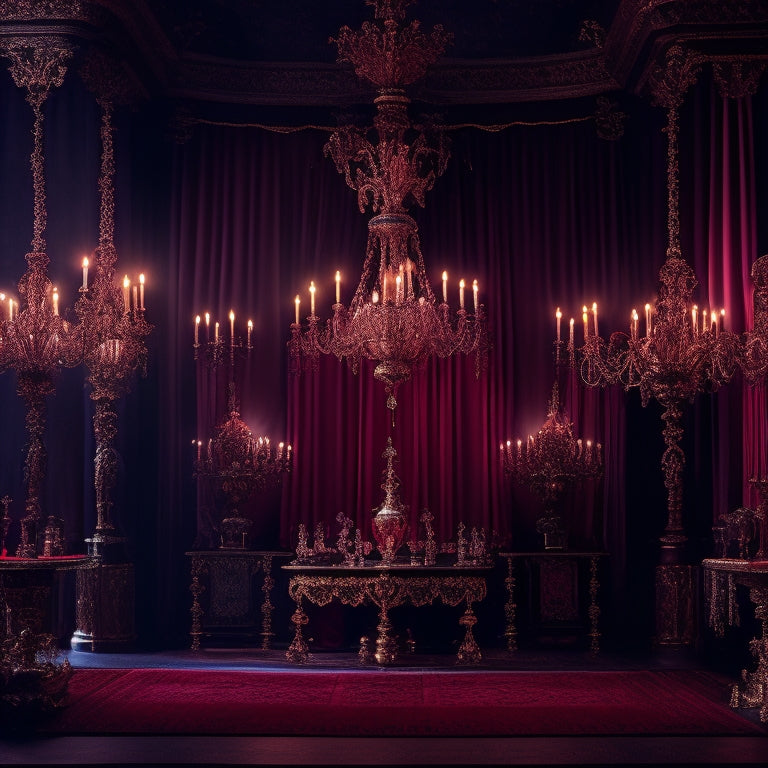 A mysterious, dimly lit, ornate chamber with velvet drapes, candelabras, and lavish furnishings, featuring 10 intricately designed digital props, including chandeliers, mirrors, and ornate frames, in shades of deep crimson, midnight blue, and gold.