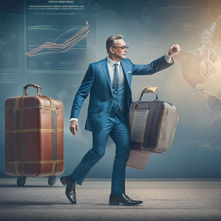 A whimsical illustration of a middle-aged man, dressed in a suit, tie, and dancing shoes, holding a briefcase and standing on a giant financial chart, surrounded by swirling currency symbols and financial graphs.