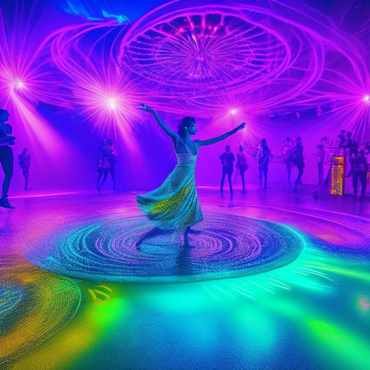 A vibrant, neon-lit dance floor with swirling patterns of purple, green, and blue lights. A lone dancer, arms outstretched, lost in music, surrounded by swirling shapes and colors.