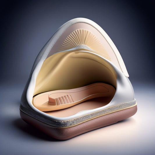 An illustration of a cross-sectional view of a foot inside a pointe shoe, showcasing the alignment of toes, arch, and heel within the shoe's box, vamp, and shank.