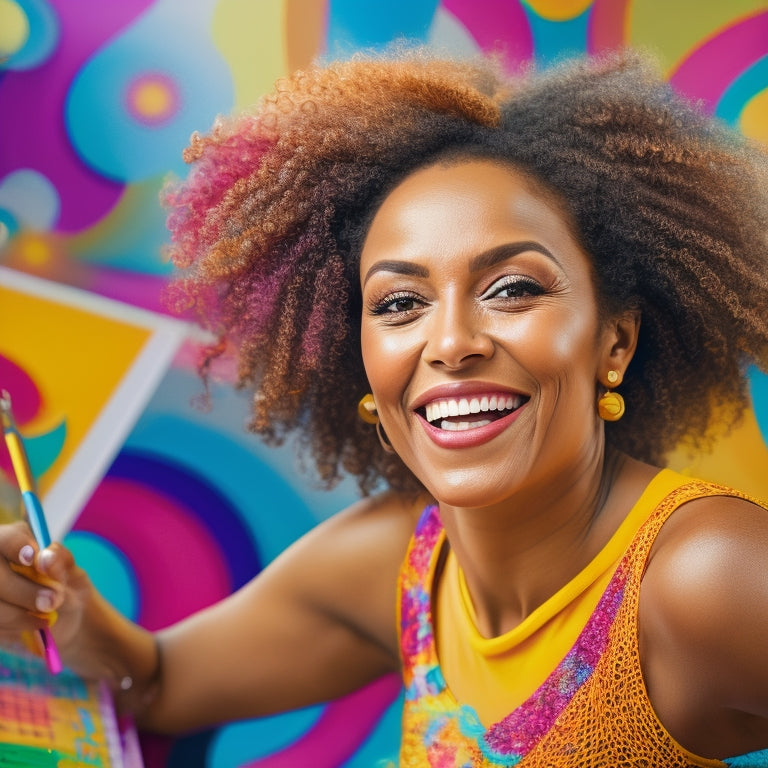 A vibrant illustration of a confident, smiling woman in a dance studio, surrounded by colorful dance-inspired shapes and patterns, with a worksheet and pen nearby, amidst a whirlwind of swirling music notes.