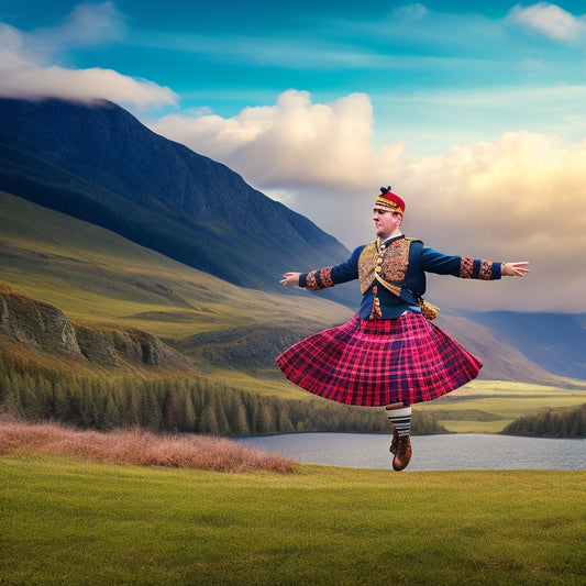 A whimsical illustration of a Highland dancer in mid-leap, surrounded by tartan patterns, bagpipes, and a subtle Scottish Highlands landscape, with a few dancing shoes and medals scattered around.