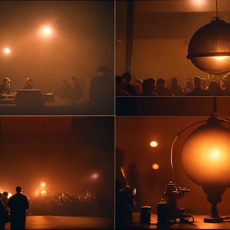 A dimly lit, nostalgic film strip unfurls, weaving together silhouettes of fans and creators amidst eerie, glowing orbs, surrounded by old cameras, scripts, and vintage spotlights.