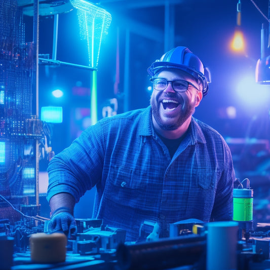 A joyful engineer, surrounded by scattered blueprints, enthusiastically dances in a vibrant, neon-lit workshop, surrounded by gleaming machinery and tools, with a faint grid pattern in the background.