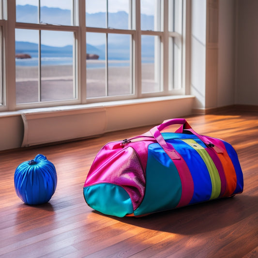 A vibrant, spacious rolling dance duffel bag rests on a polished wooden studio floor, surrounded by colorful ballet shoes, a sparkling water bottle, and a neatly folded leotard, with soft natural light streaming through large windows.