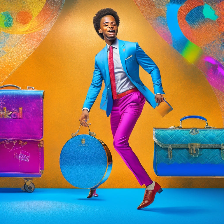 A vibrant illustration of a professional dancer in a business suit, surrounded by Linkedin icons, holding a briefcase in one hand and salsa dancing shoes in the other, with musical notes swirling around.