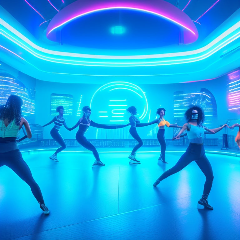 A futuristic dance studio with neon lights and VR headsets, surrounded by avatars dancing in sync, with a cityscape or cosmic background, conveying a sense of futuristic freedom and joy.