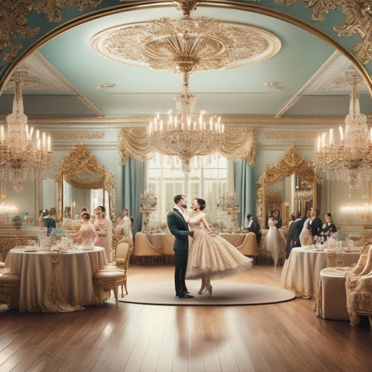 An illustration of a whimsical, vintage-inspired dance studio: lavish chandeliers, ornate mirrors, and polished wooden floors, with elegantly dressed couples poised in mid-foxtrot, surrounded by tea cups and tiered servers.