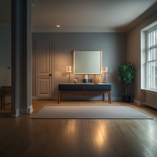 A serene, dimly lit home workout space with a ballet barre against a pale gray wall, a few yoga mats and resistance bands scattered around, and a large mirror reflecting a peaceful atmosphere.