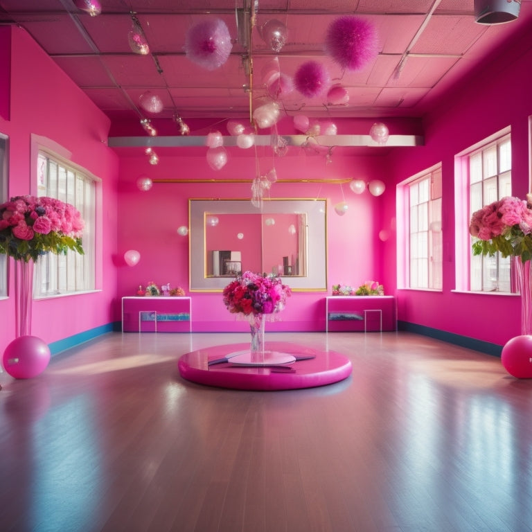 A vibrant pink dance studio with a glossy wooden floor, mirrored walls, and a ballet barre adorned with pink flowers, surrounded by pink-hued dance shoes and a few scattered pink balloons.