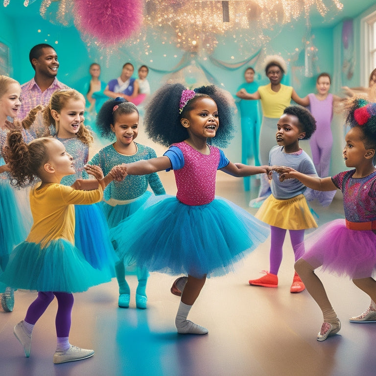 A warm and inviting illustration depicting a gentle, smiling dance instructor guiding a group of diverse, joyful children aged 4-8, surrounded by dance bars, mirrors, and colorful ballet shoes.