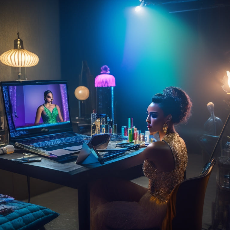 A beautiful, dimly lit backstage area with a dancer in the foreground, surrounded by makeup brushes, mirrors, and colorful cosmetics, with a laptop open in the corner, displaying a tutorial.