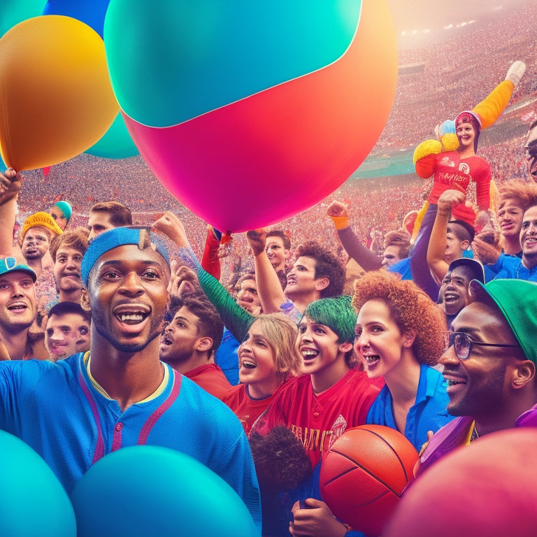 A vibrant illustration of a crowded stadium with diverse fans from various sports teams, all smiling and high-fiving, surrounded by sports equipment and colorful balloons.