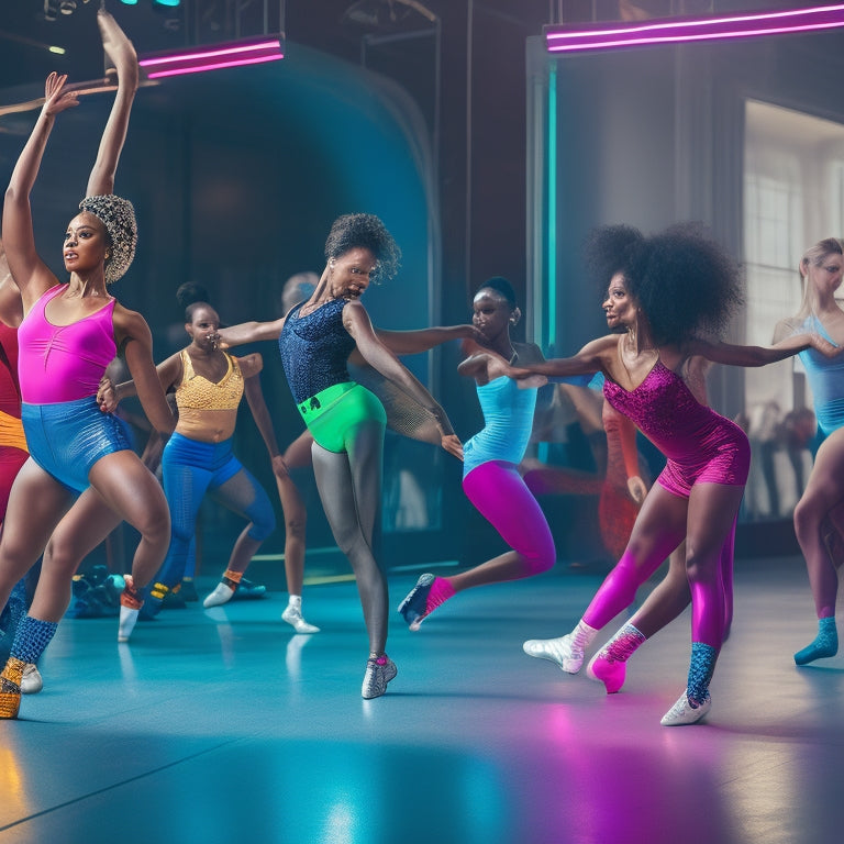 A vibrant, dynamic illustration of a diverse group of people in a dance studio, surrounded by mirrors and ballet bars, performing energetic dance moves, with colorful dance shoes and outfits.