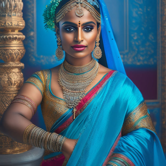 A vibrant illustration of a traditional Indian dancer in a flowing, intricately patterned sari, surrounded by ornate, golden filigree, set against a rich, turquoise background.