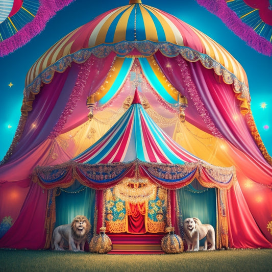 A vibrant, whimsical illustration of a circus tent with bright, swirling spotlights, a joyful Ferris wheel, and a giant, shimmering curtain with a subtle, peeking lion's face.